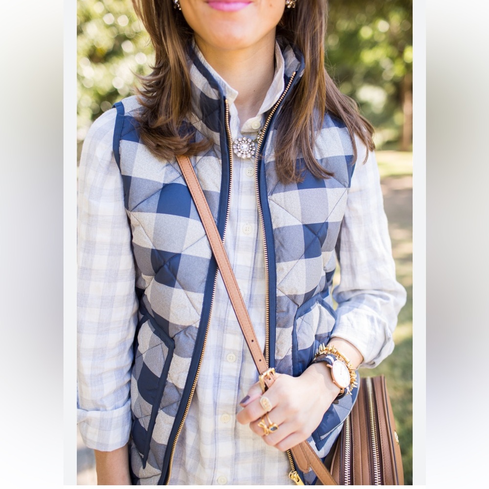 J. Crew Quilted Buffalo Check Vest in Navy and Cream